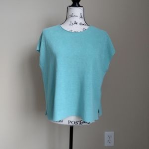 Eileen Fisher teal blue sleeveless boxy linen blend knit top | size S